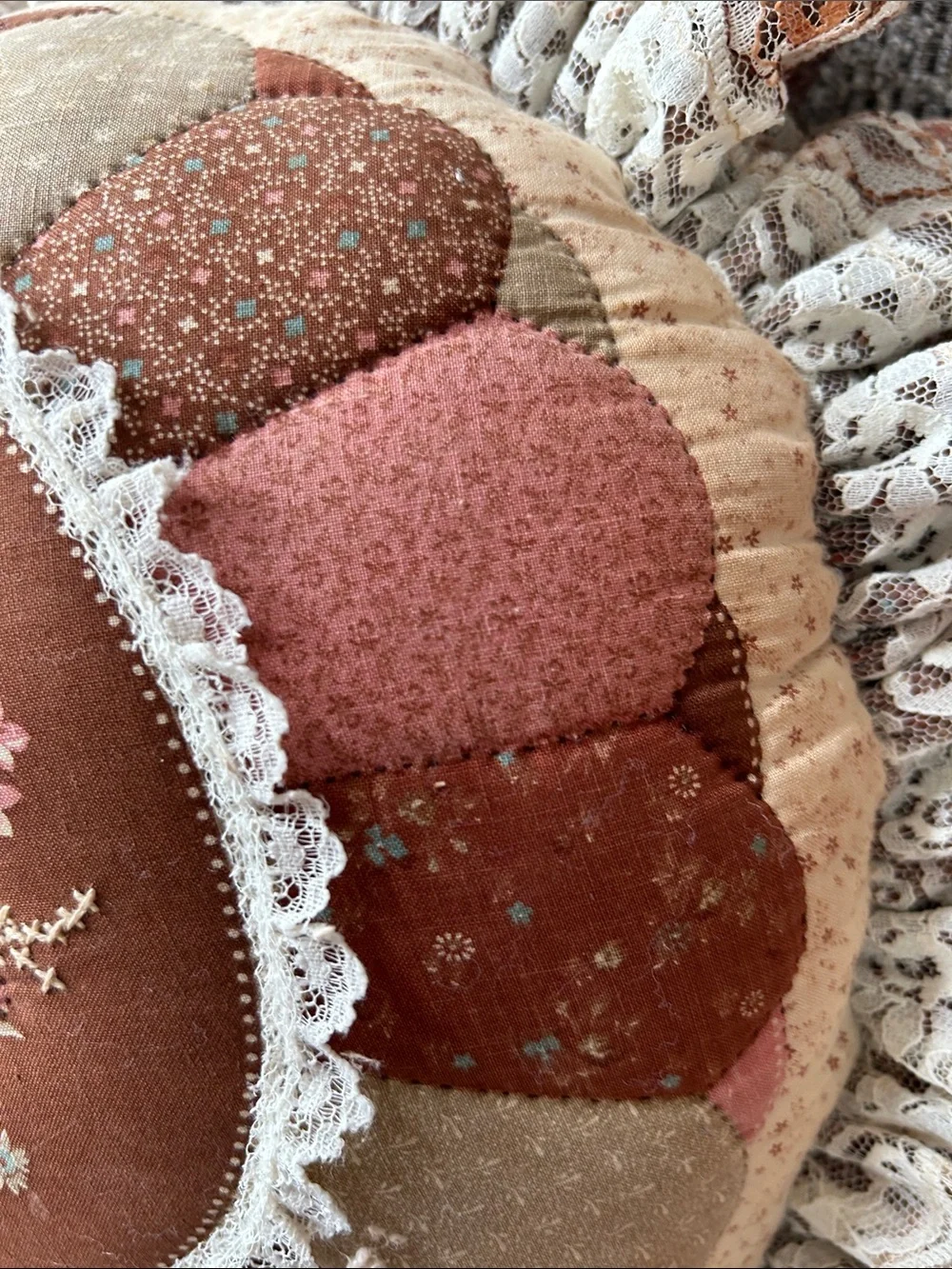 Decor Round Floral Quilted/lace Pillow - Rust/Pink/Cream - Butterfly/flowers
